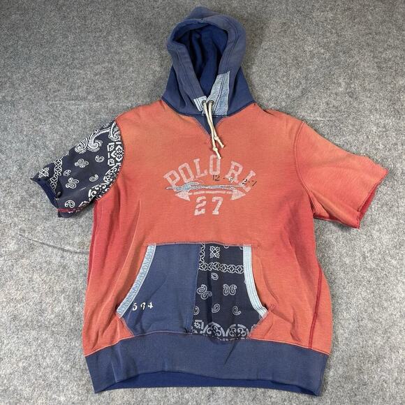 Polo Ralph Lauren Hoodie Pullover Men’s Medium Bandana Patchwork Short Sleeve - Picture 1 of 9